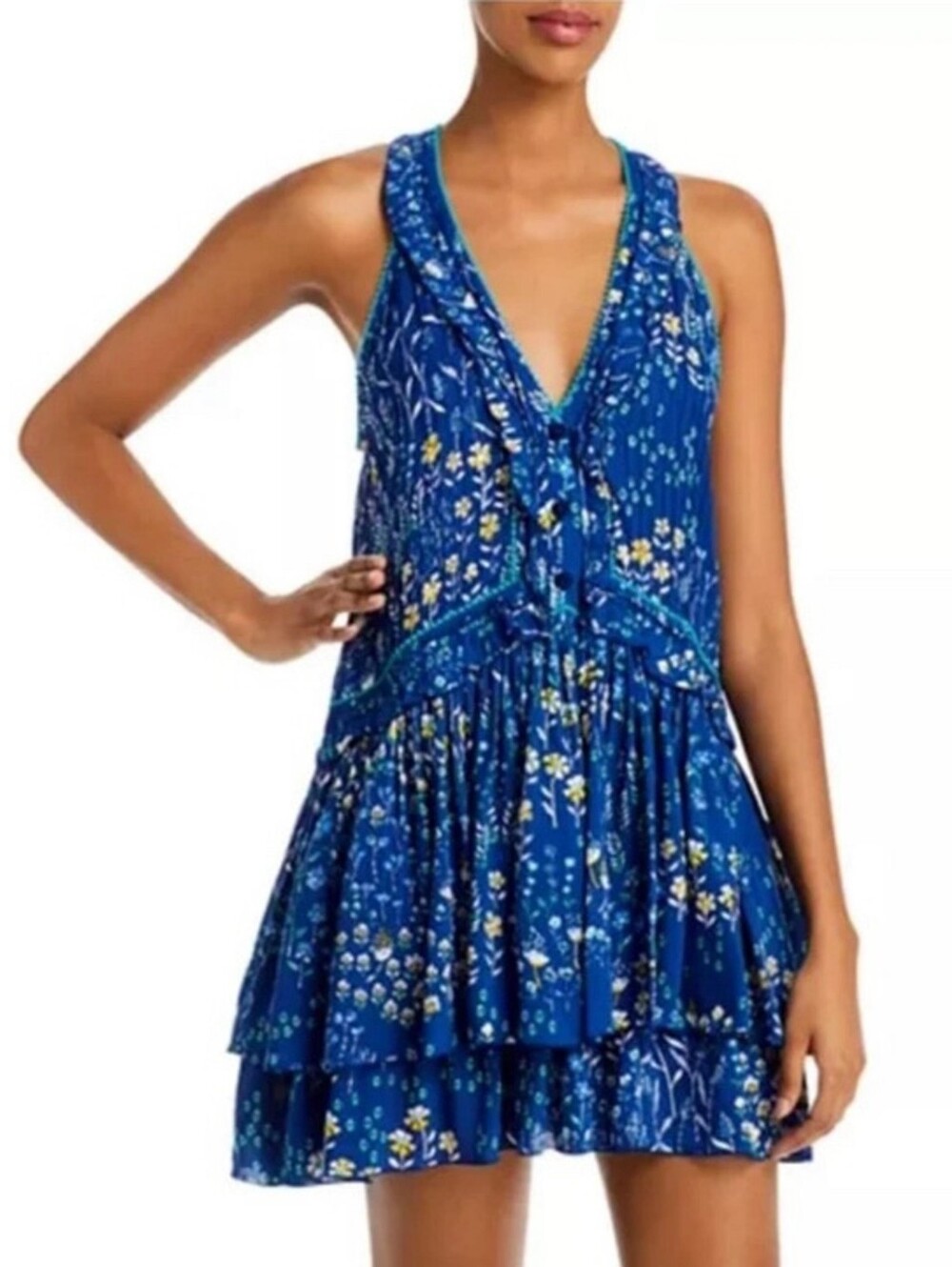 Poupette St Barth Mae Ruffle Tiered Mini Dress Blue Floral M